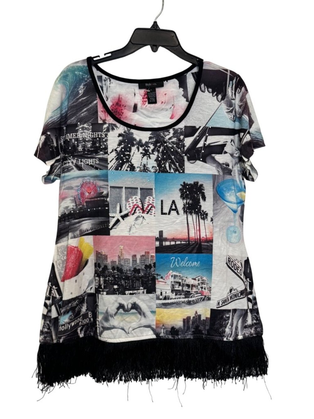 Style & Co Womens Los Angeles Graphic Fringe Hem Top L Multicolor Polyester